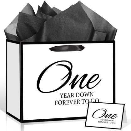 TagreSpike 1st Anniversary Paper Gift Bag with Tissue Paper and Card - Large One Year Down Forever to Go Wrapping Bag - Black and White Paper Anniversary Party Supplies for Husband Wife