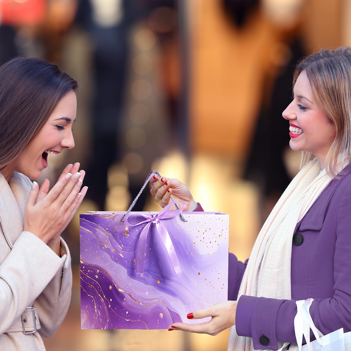 Purple Gift Bags, 2PCS 13” Large Gift Bags with Tissue Paper and Greeting Cards, Gift Bag with Handles Bow for Women Girls, Purple Gift Bags for Birthday Wedding Bridal Baby Shower Anniversaries