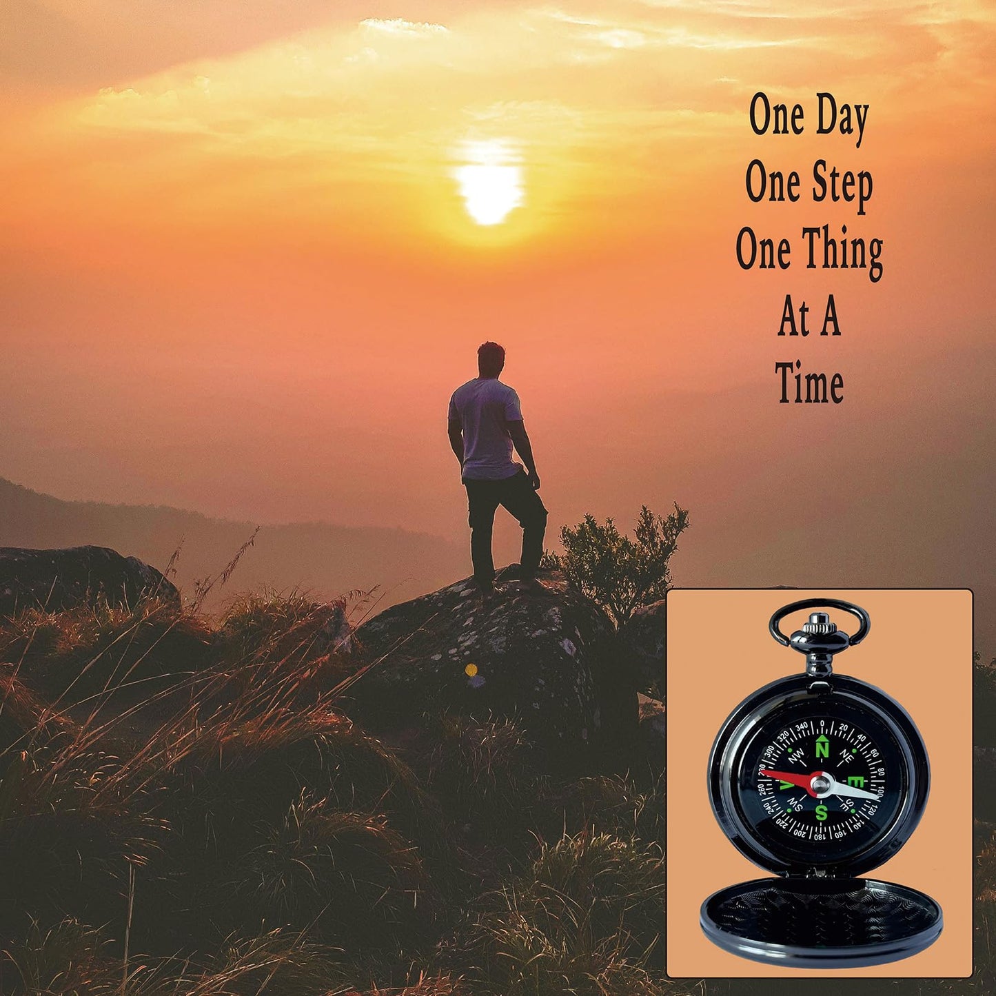 Sobriety Gifts Men, One Step at A Time Gifts Pocket Compass Black, Sobriety Pocket Token, Alcoholics Anonymous Gift, Inspirational Recovery Gift for Men from Addiction, Sober Gifts for Him Husband