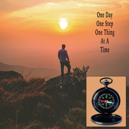 Sobriety Gifts Men, One Step at A Time Gifts Pocket Compass Black, Sobriety Pocket Token, Alcoholics Anonymous Gift, Inspirational Recovery Gift for Men from Addiction, Sober Gifts for Him Husband