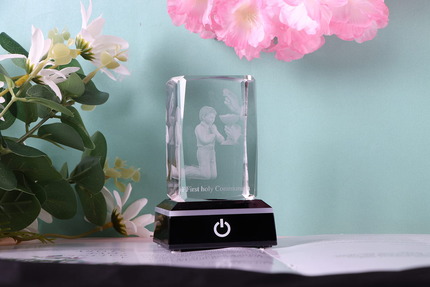 Qianwei First Communion Gifts for Boys, 3D Engraving Crystal Praying Boy John Figurine First Communion Veil Decoration, Baptism Gifts for Boy Catholic