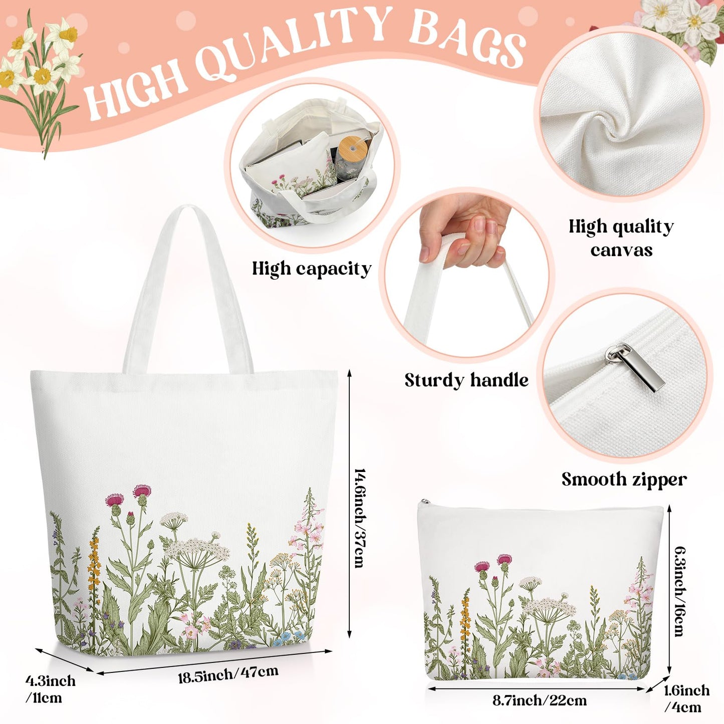 FoldTier 3 Pcs Plant Lover Gift for Women, Spring Aesthetic Gift for End of Year Teacher, Floral Canvas Tote Bag, 16 oz Coffee Cup with Straw Lid, Makeup Bag for Mother Birthday(White,Flower)