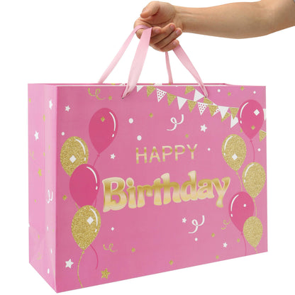 Qirrmiy 16.5" Extra Large Pink Happy Birthday Gift Bag Set with Handles, Greeting Card, Tissue Papers and Stickers for Women Girls, Balloons Design, 1 Pcs
