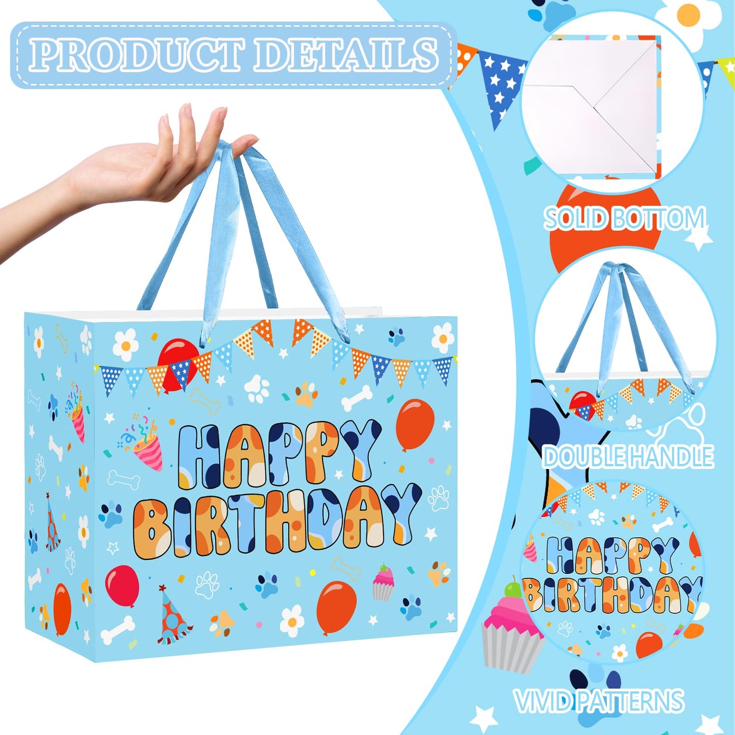 Cartoon Blue Dog Birthday Gift Bag with Wrapping Paper and Greeting Card Cute Blue and Orange Dog Gift Wrap Paper Bags Large Cartoon Birthday Party Favor Bags Decorations for Girls Boys Party Supplies