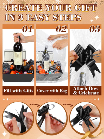 Beeplove 6 Sets Large Thick Kraft Baskets for Gifts Empty - Gift Baskets Empty Kit with Cellophane Wrap and Pull Bows for Wedding Birthday Bridesmaid Baby Shower, Black