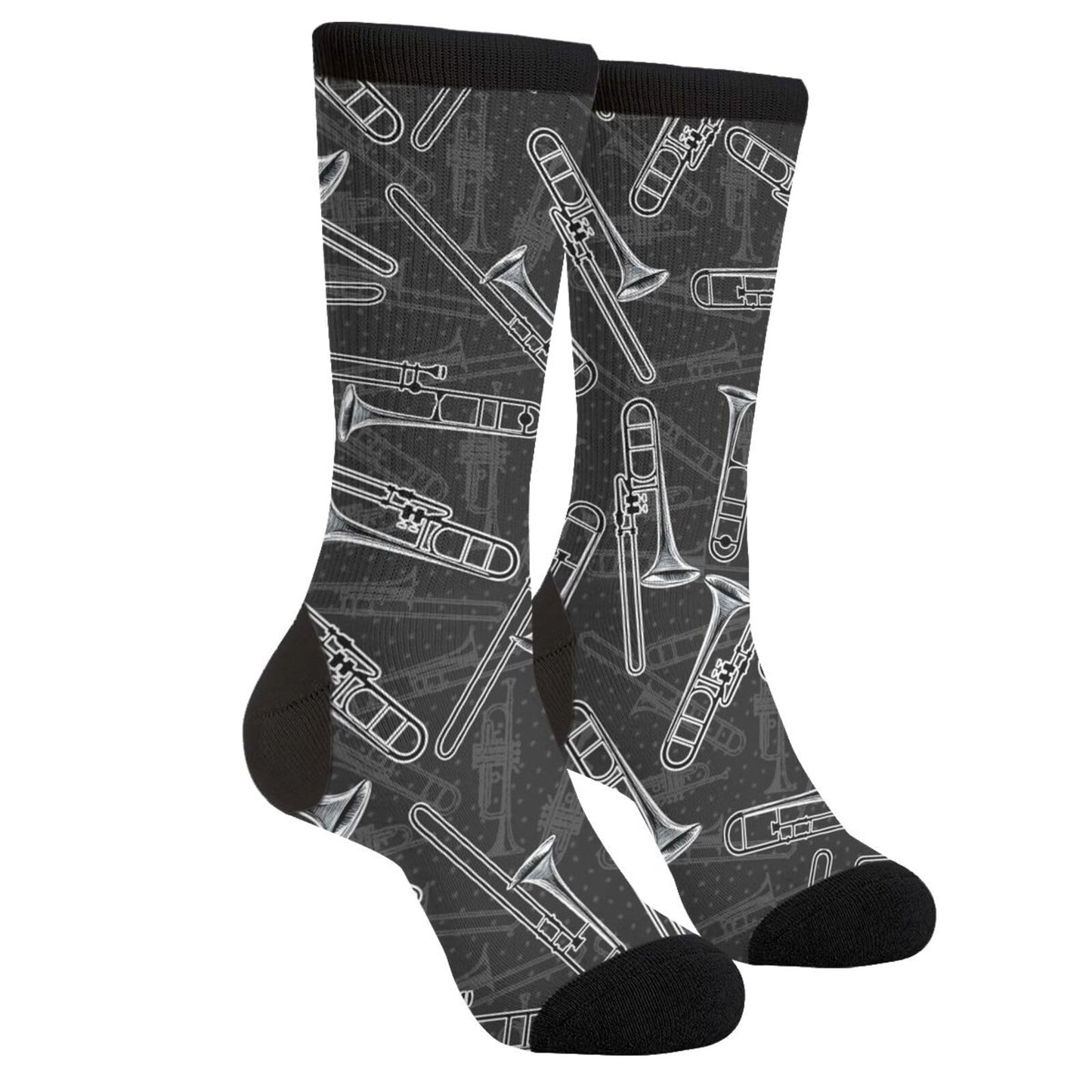 YISHOW Black White Trombones Vintage Unisex Novelty Crew Socks Casual Funny Crazy Dress Socks Gift