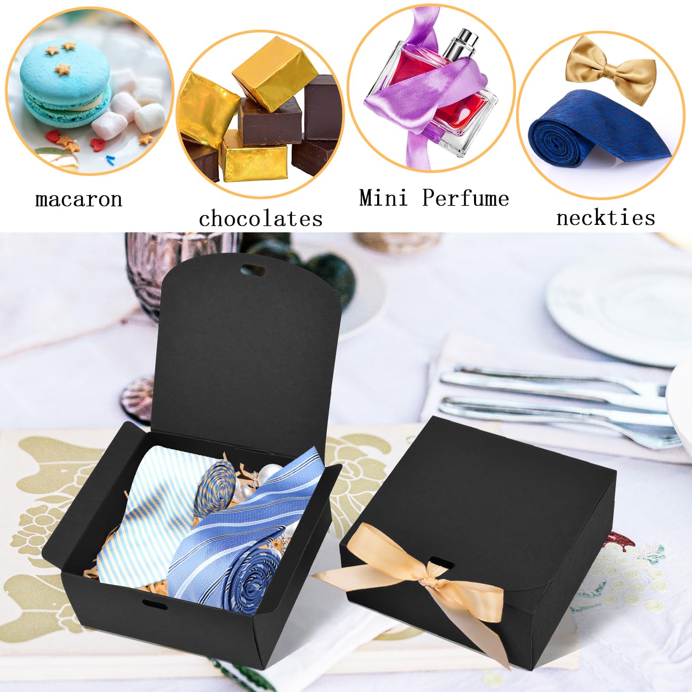 WLUSEAXI 12pack Small Gift Boxes with Lids for Presents, 4.5''x4.5''x2'' Black Gift Boxes with Ribbons, Party Boxes for Packaging Wedding, Present, Birthday, Holiday, Galentine's Day