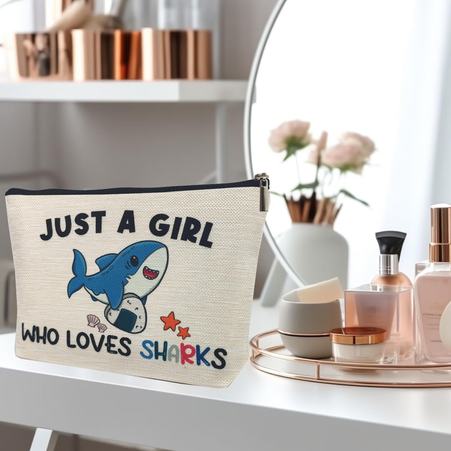 Shark Gifts for Women Makeup Bag, Cute Shark Themed Gifts for Shark Lovers Girls Kids Accessories, Just A Girl Who Loves Sharks Cosmetic Stuff Pouch, Birthday Christmas Decorations