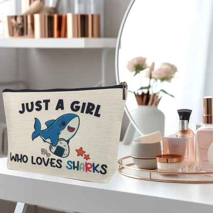 Shark Gifts for Women Makeup Bag, Cute Shark Themed Gifts for Shark Lovers Girls Kids Accessories, Just A Girl Who Loves Sharks Cosmetic Stuff Pouch, Birthday Christmas Decorations