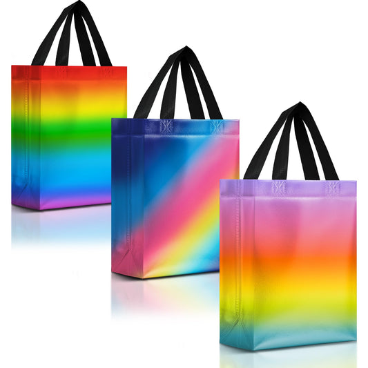 Nush Nush Rainbow Gift Bags in 3 Colorful Design - Set of 12 Reusable Gradient Gift Bags With Handles - Ideal Goodie Bag for Birthday Party Favors, Thanksgiving, Holiday, Kids Party - 8"x4"x10"