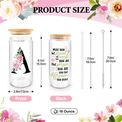 Initial Glass Cups with Lids and Straws, Personalized Gifts for Women, Iced Coffee Cup Glass Tumbler, Birthday Bridesmaid Proposal Inspirational Customized Gifts for Her Girls (A)