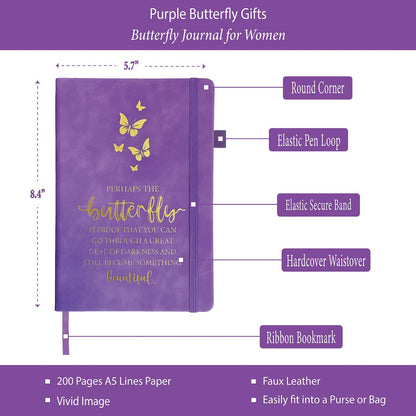 Butterfly Lover Gifts Women, Butterflies Journal 200 Pages Notebook A5 Lined with Pen and Keychain, Butterfly Inspirational Themed Gifts for Her Daughter Mom Birthday Retirement Christmas