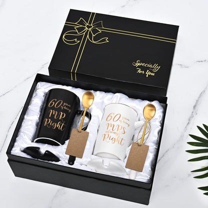 YHRJWN 60th Wedding Gifts, 60 Years of Being Mr & Mrs Always Right Mug Set 14Oz with Lids Spoons and Gift Box, Christmas Anniversary Presents for Parents Couple
