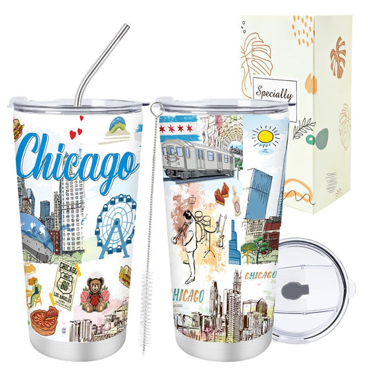 Keluna Chicago Souvenirs Gifts Tumbler - 20Oz Stainless Steel Chicago Travel Mug with Lids Straw Brush Insulated, City Travel Trip Birthday Christmas Mother's Day Gifts for Friends Familes Coworkers