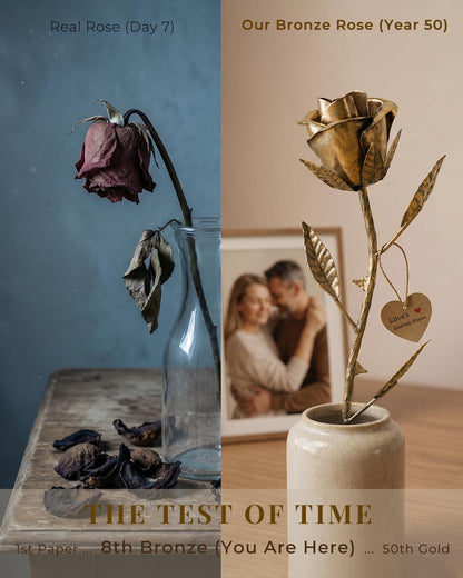 Handmade Bronze Rose - 8th & 19th Anniversary Wedding Gift for Wife - Solid Metal Flower Keepsake, 8 Year & 19 Year Wedding Anniversary Couples Gift