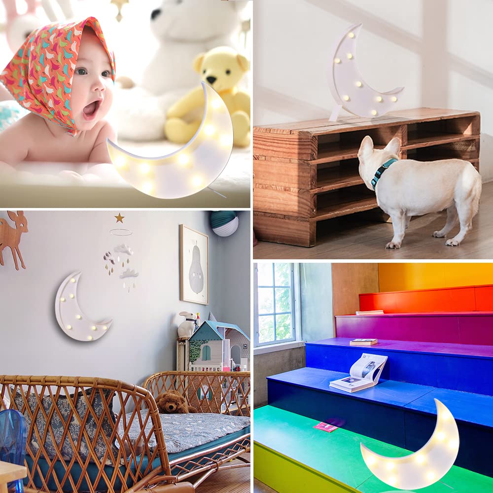 LED Moon Shaped Marquee Signs, Light Up Moon Night Lights Battery Operated Warm White Crescent Moon Lamp for Bedroom, Christmas, Birthday Party Decor-Moon(White)