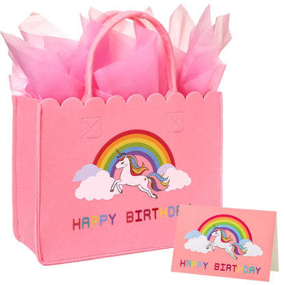 Crisky Felt Unicorn Gift Bag for Girls, Reusable Unicorn Birthday Gift Bags for Girls with Birthday Card, Pink Tote Bag for 4th 5th 6th 7th 8th 9th 10th Bday Party Decorations Gifts Ideas
