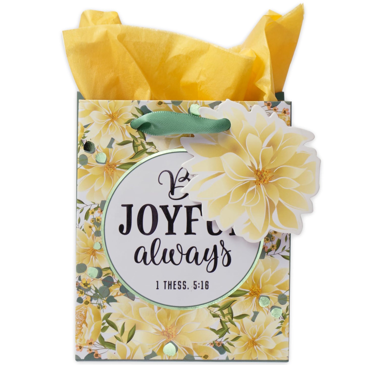 Christian Art Gifts Gift Bag/Tissue Paper Set Be Joyful Always 1 Thessalonians 5:16 Bible Verse, Yellow Floral, Extra Small