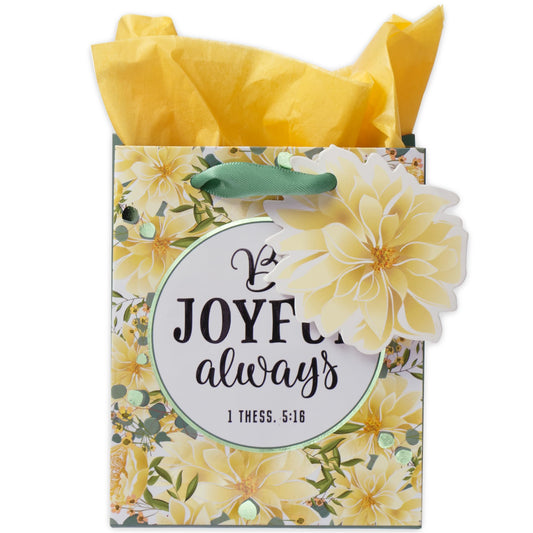 Christian Art Gifts Gift Bag/Tissue Paper Set Be Joyful Always 1 Thessalonians 5:16 Bible Verse, Yellow Floral, Extra Small