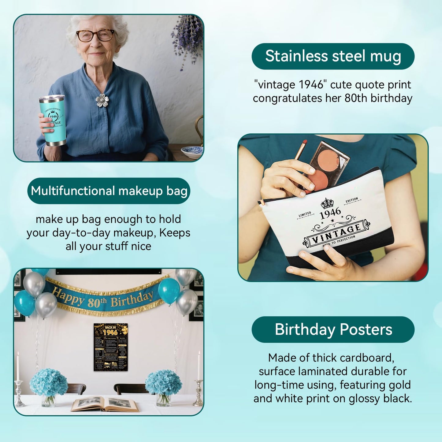 80th Birthday Gifts for Women Her- 4 pcs, Turning 80 Year Old Gifts, Decorations Canvas Beach Tote Bag & Makeup Bag, Unique Happy 80th Present for Her Mom Wife Friends