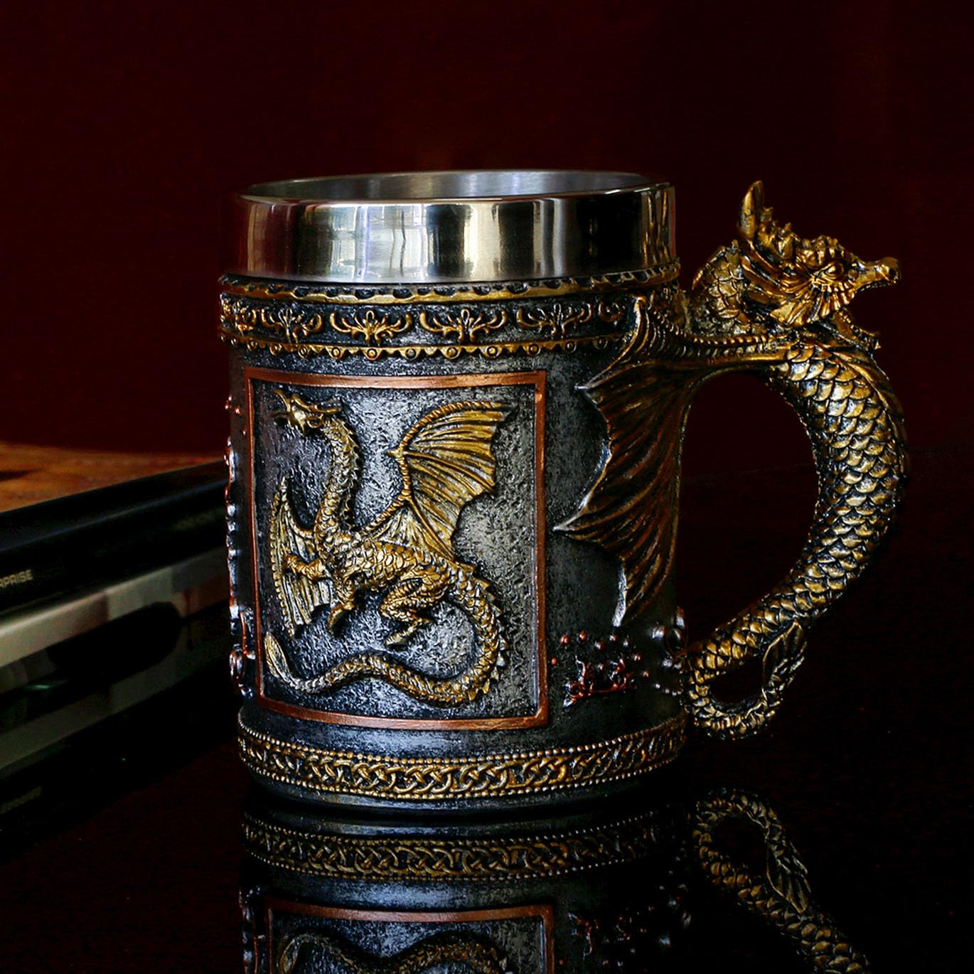 alikiki Medieval D&D Dragon Coffee Mug - 15.8oz Stainless Gold Roaring Dragon Beer Drink Mug for GOT Lovers Collector Ideal Novelty Gothic Father Day Gift Party Decoration
