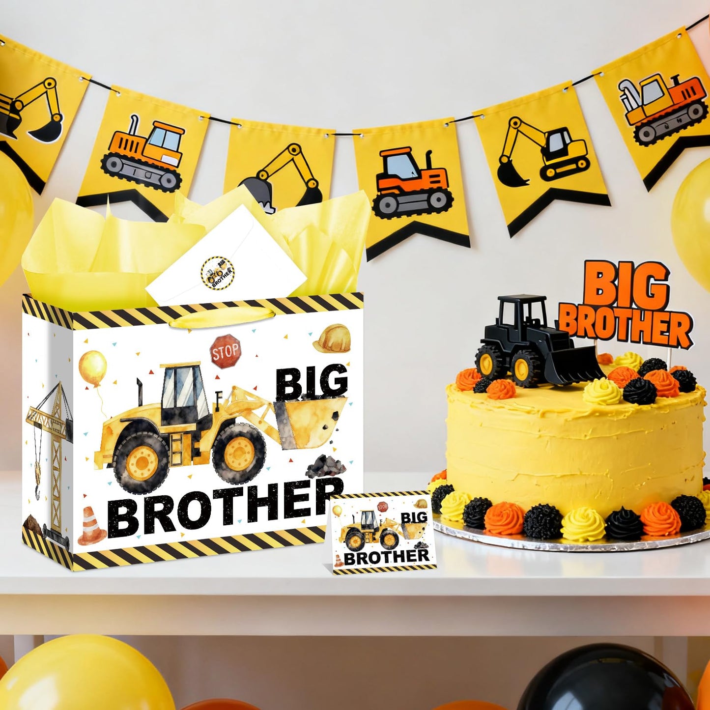 Big Brother Gift Bag for Boys Big Bro Birthday Gift Bag with Wrapping Paper Card Sticker Envelope Construction Gifts for Little Boy Son Grandson Nephew New Baby Birthday Party Decorations Supplies