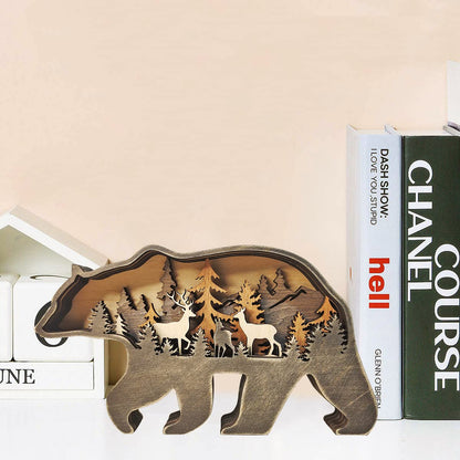 MACLARONX Wood Bear Art Decor Multi-Layer Brown Bear Figurine Rustic Home Shelf Desktop Decorations Creative Wild Animal Cutout Silhouette Crafts