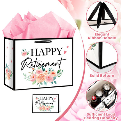 Floral Retirement Gift Bag for Women Pink Retirement Wrapping Paper Funny Retired Gift Bag with Tissue Paper and Card THE QUEEN HAS RETIRED Retired Gifts for Women Farewell Going Away Party Supplies