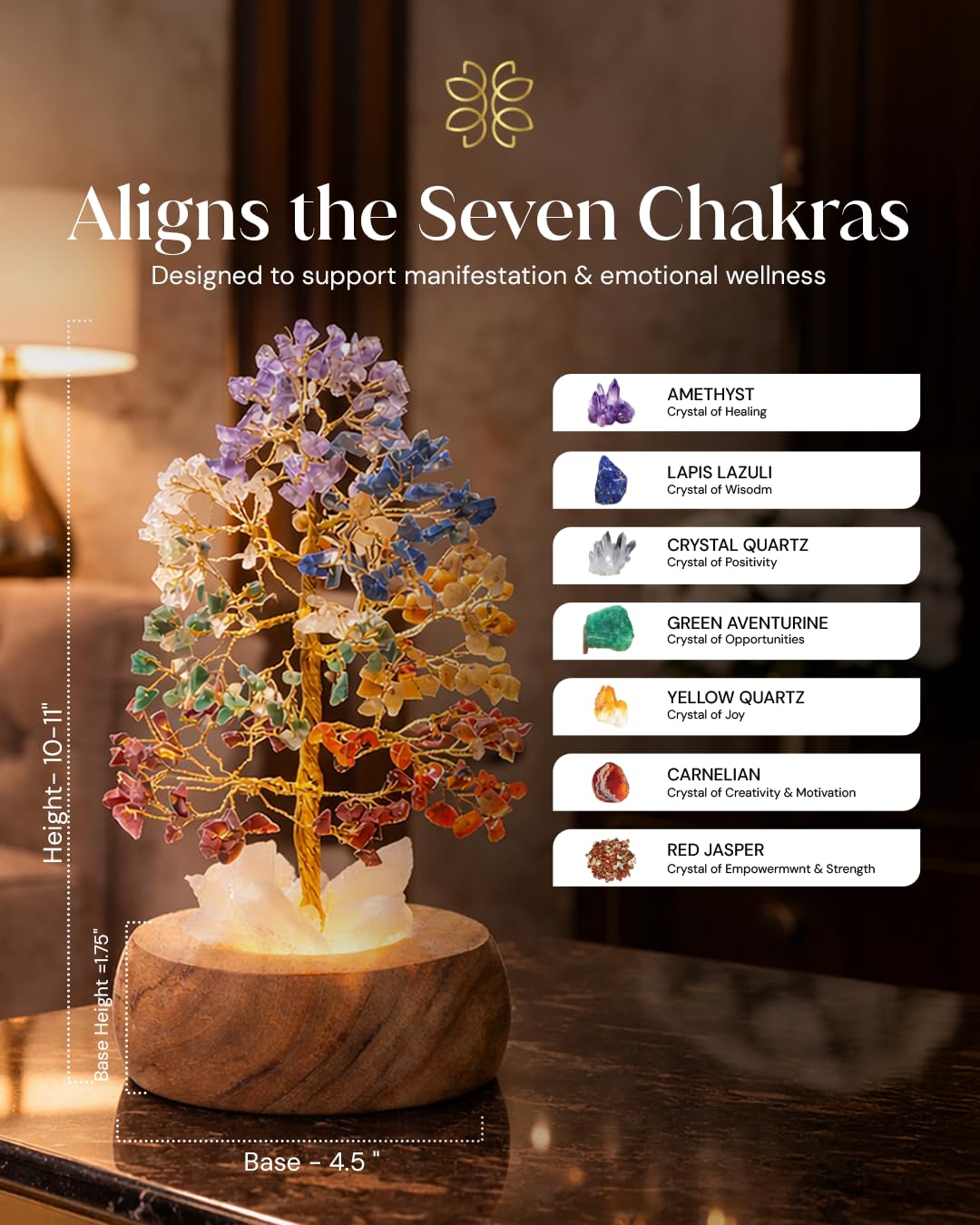 7 Chakra Crystal Tree of Life with LED Light, Handcrafted Gemstone Bonsai with Quartz Crystal Base & Acacia Wood Stand, Spiritual Home & Office Décor, Gift for Women,