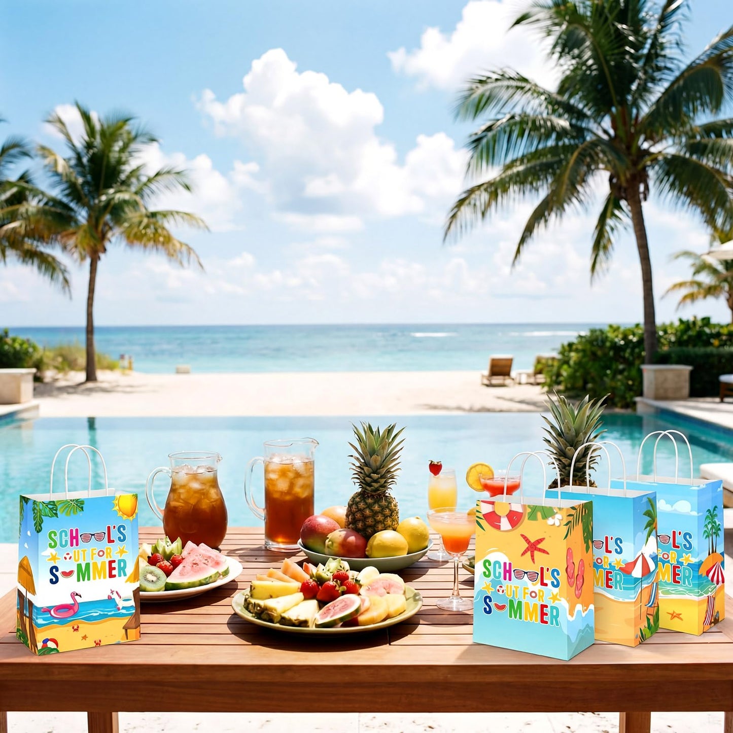 Yexiya 24 Pcs Summer Party Gift Bags Beach Themed Paper Treat Bags with Handles Candy Treat Paper Handbag for Birthday Parties, Summer Vacations, Weddings, Baby Showers Beach and Pool Celebrations