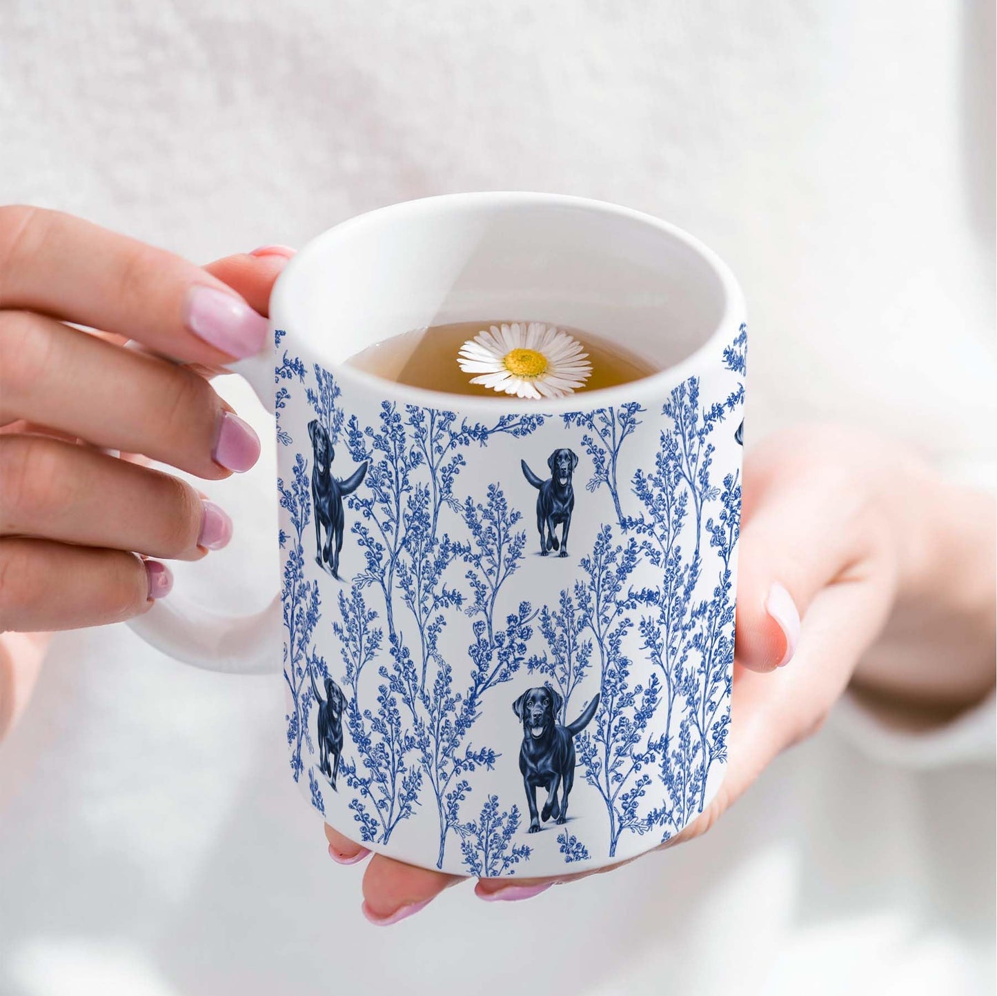 Black Lab Blue French Toile Coffee Mug, Labrador Lover Gifts for Women, Blue Toile Coffee Cup for Black Lab Mom, Pet Dog Lovers Tea Coffee Mug Birthday Gifts for Dog Owners, 11 oz