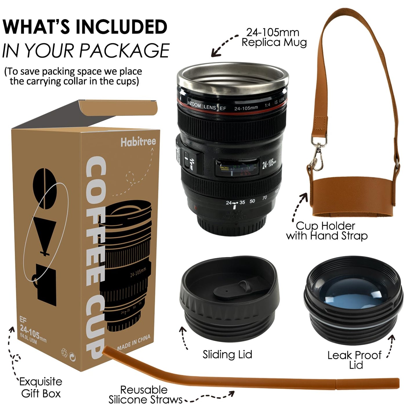 Coffee Mug- Ideal for Photographers&Travelers - Day Gifts,2 Lids,Cup Holder,Silicone Straw- Stainless Steel Lens Mug Thermos-Gift for Him, Photography, Camera accessories, Novelty Gifts