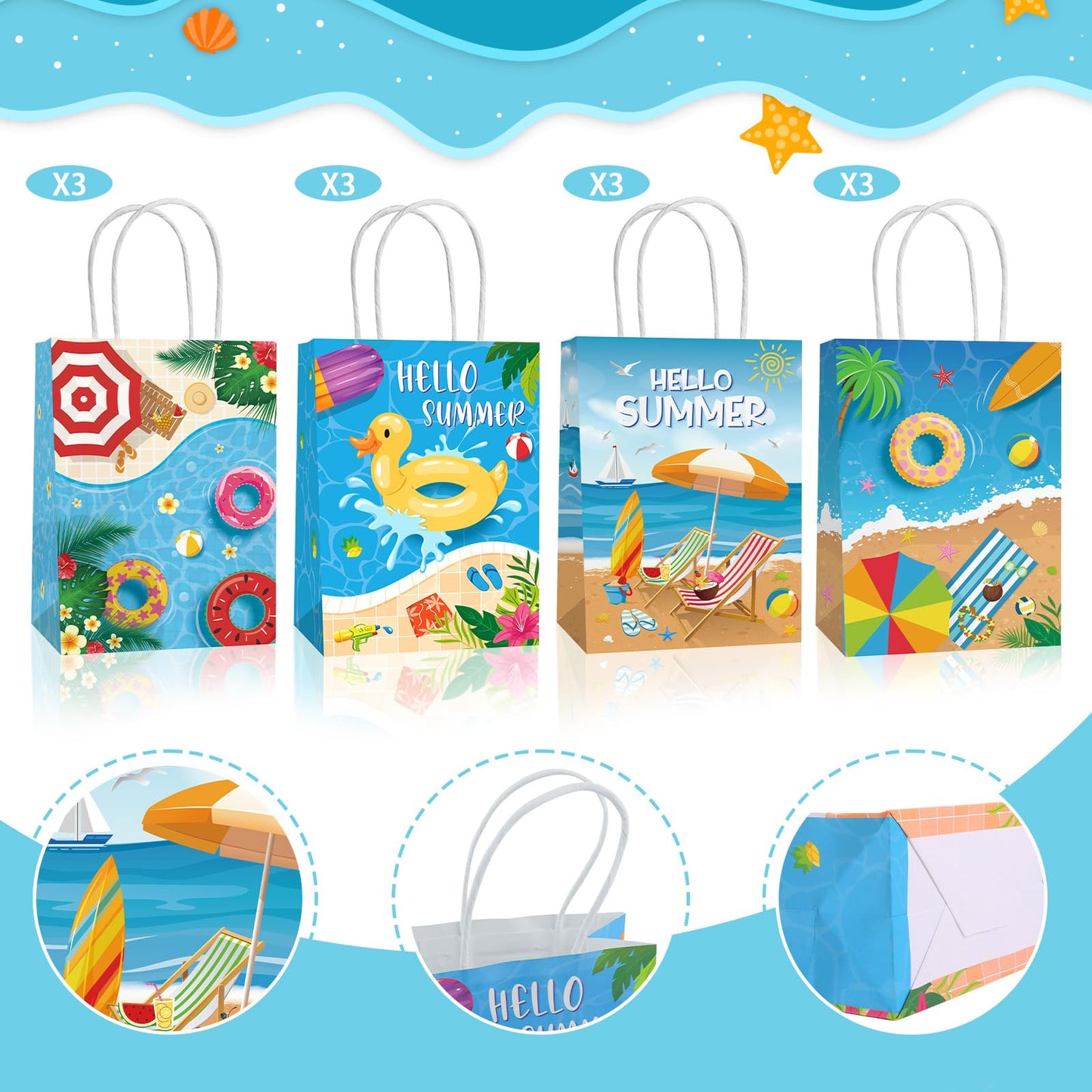 Lemicin 12 Pcs Summer Goodie Bags Pool Party Favor Bags Treat Candy Snack Bag Paper Beach Gift Bags with Handles for Hawaiian Luau Birthday Baby Shower Hello Summer Pool Holiday Party Supplies