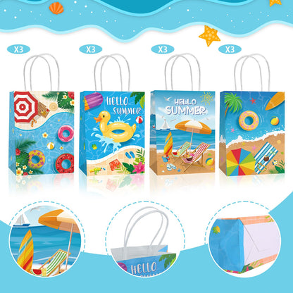 Lemicin 12 Pcs Summer Goodie Bags Pool Party Favor Bags Treat Candy Snack Bag Paper Beach Gift Bags with Handles for Hawaiian Luau Birthday Baby Shower Hello Summer Pool Holiday Party Supplies