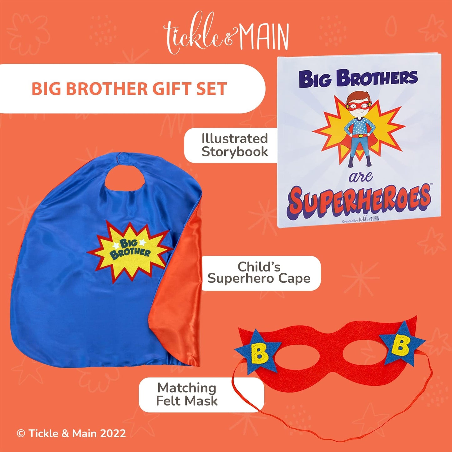Tickle & Main Big Brother Gifts for Boy - 3-Piece Satin Superhero Cape & Mask with Storybook, Ages 2+, X-Large, Blue/Red/Yellow - Big Brother Superhero Cape Gift