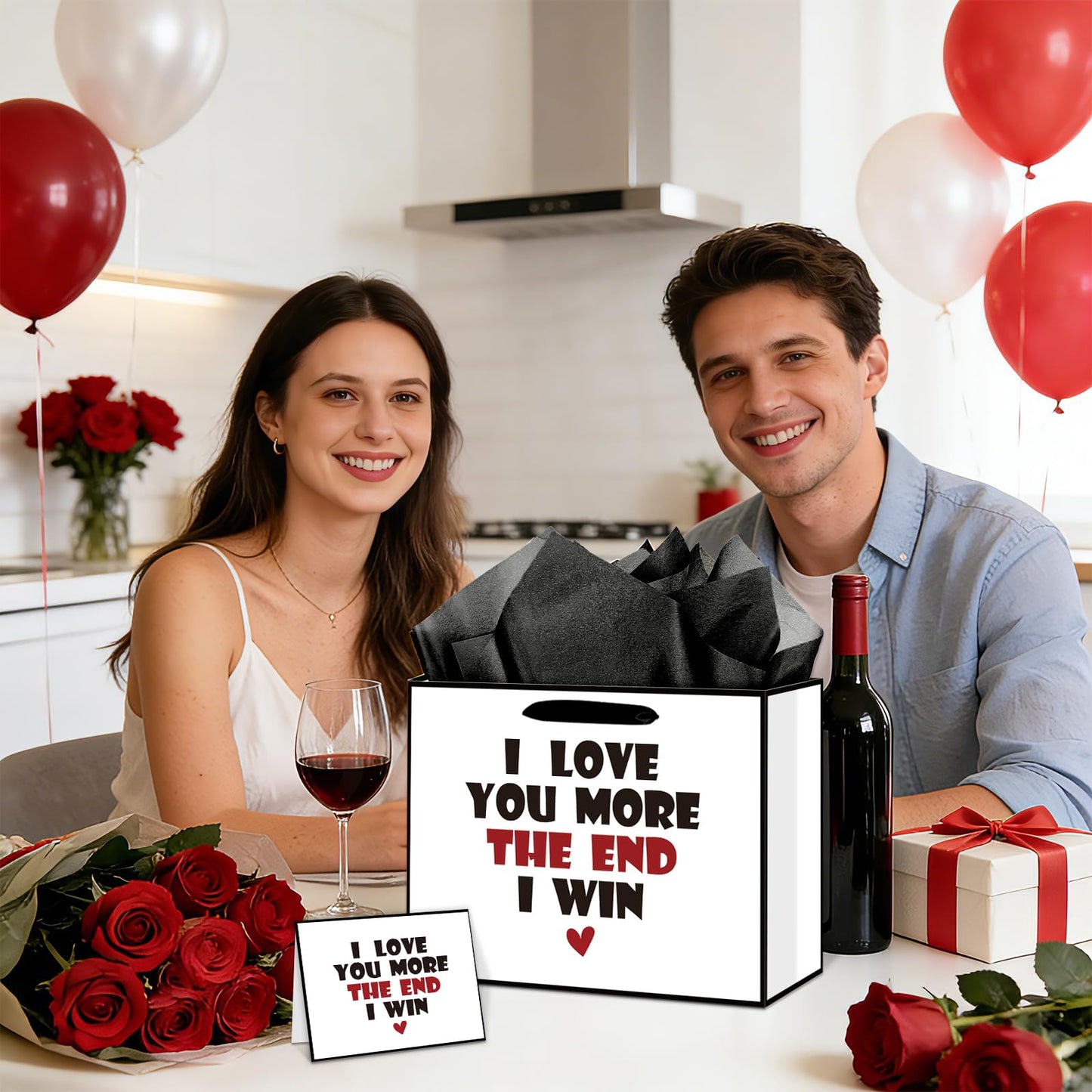 Anniversary Birthday Gift Bag for Him Men Boyfriend Women Funny I Love You More Gift Bags with Wrapping Tissue Paper and Greeting Card Valentines Wedding Bridal Shower Engagement Party Favor Bag