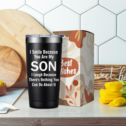 Grifarny Gifts for Son - Son Gifts from Mom, Dad - Christmas, Fathers Day, Birthday Gifts for Adult Sons - I Smile Because You are My Son Tumbler Cup 20 oz