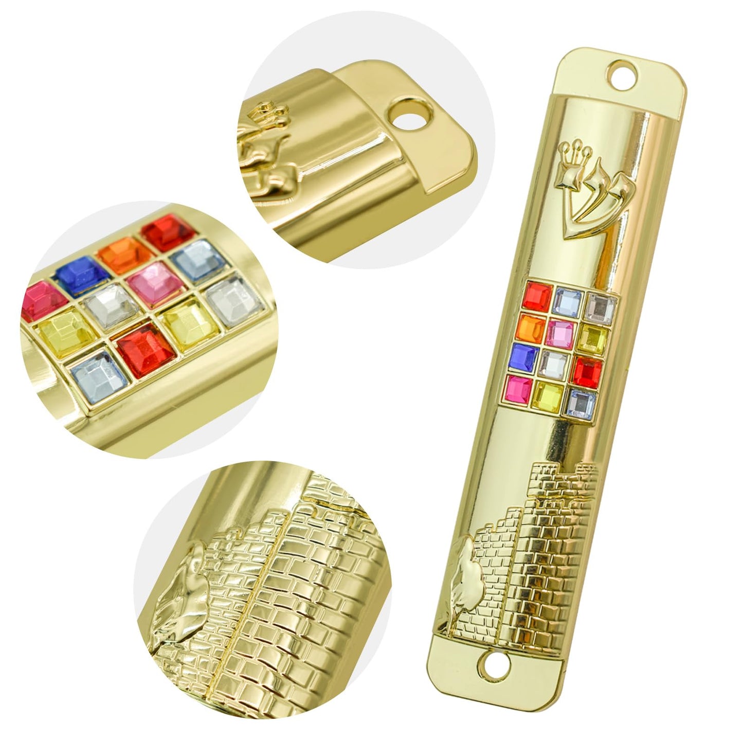 Mezuzah with Scroll for Door, Metal Mezuzah Case with 12 Tribes of Israel Hoshen Stones for Hebrew Home Blessing, Jewish Gifts, Jewish House Warming Decor, Christmas, Easter (Gold)