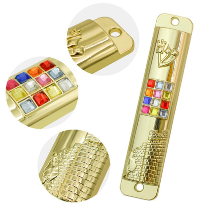 Mezuzah with Scroll for Door, Metal Mezuzah Case with 12 Tribes of Israel Hoshen Stones for Hebrew Home Blessing, Jewish Gifts, Jewish House Warming Decor, Christmas, Easter (Gold)