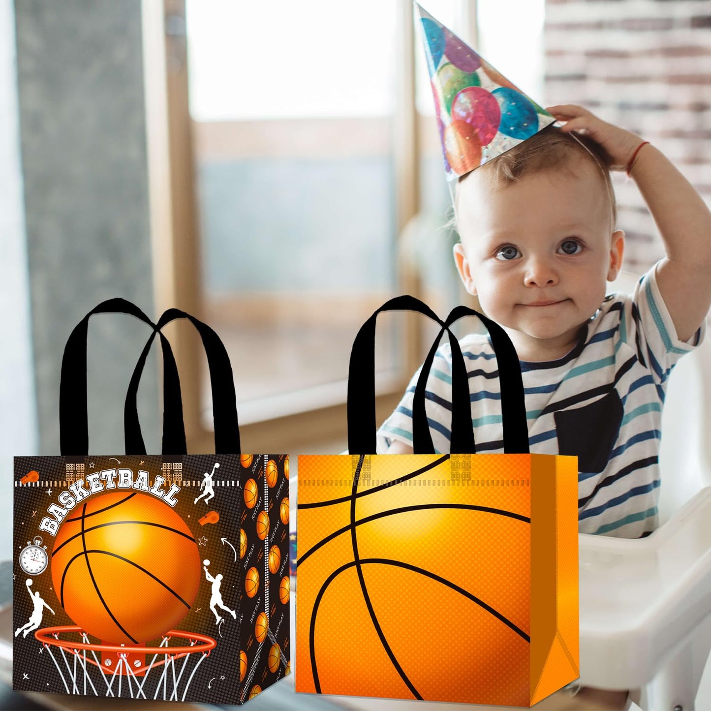 Basketball Party Favors Bags 12PCS Basketball Birthday Party Supplies Basketball Goodie Bag with Handles Sport Sport Ball Non-woven Candy Treat Snack Bags for Birthday Retirement All Star Party Decor