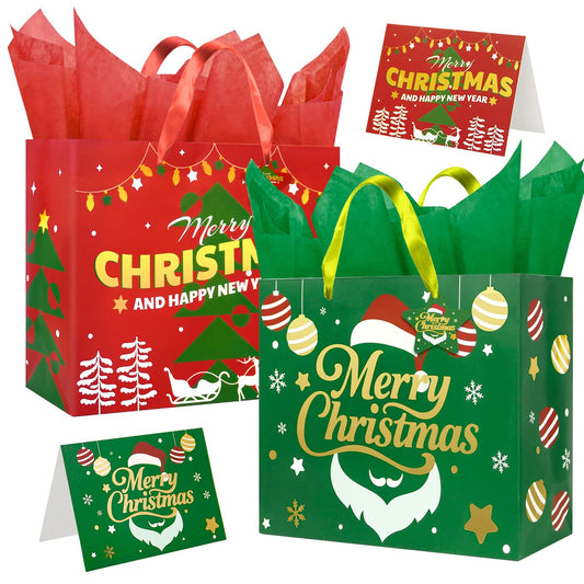 Charmount 2 Pack 13” Christmas Gift Bags with Handles, Tissue Paper & Greeting Card – Xmas Holiday Goody Bags with Tag, Wrapping, Party Favors, Hot Foil Stamping, Decor for Coworkers and Teens