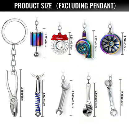 9 Pcs Metal Car Parts Keychains - Turbo, Gear Shifter, Wheel Rim, Spanner, Brake Disc, Wrench, Tongs | Cool Fun Novelty Gift for Car Guys | Men's Automotive Accessories Keyrings for Keys