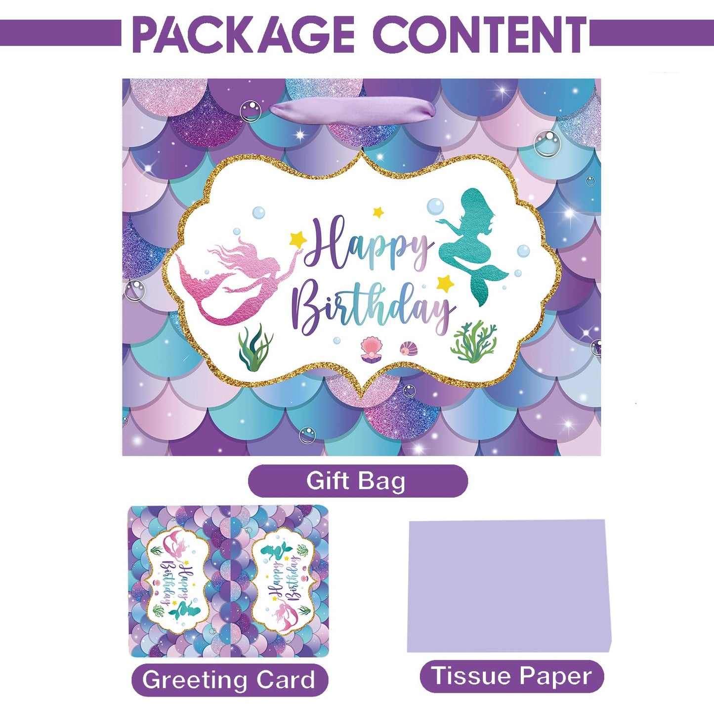 Laidans 13" Large Mermaid Happy Birthday Gift Bag with Handle, Tissue Paper and Card for Kids Girls (13in Purple)