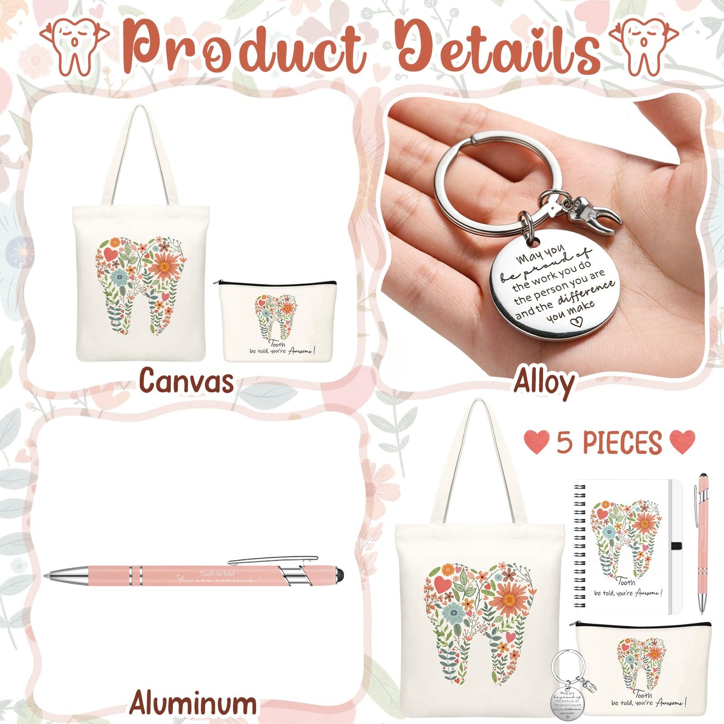 Kinlop 5 Pcs Floral Tooth Dental Gift Set for Women Include Tote Bag Canvas Cosmetic Bag Coil Notebook Keychain and Ballpoint Pen for Women Girls