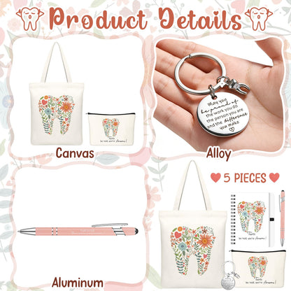 Kinlop 5 Pcs Floral Tooth Dental Gift Set for Women Include Tote Bag Canvas Cosmetic Bag Coil Notebook Keychain and Ballpoint Pen for Women Girls
