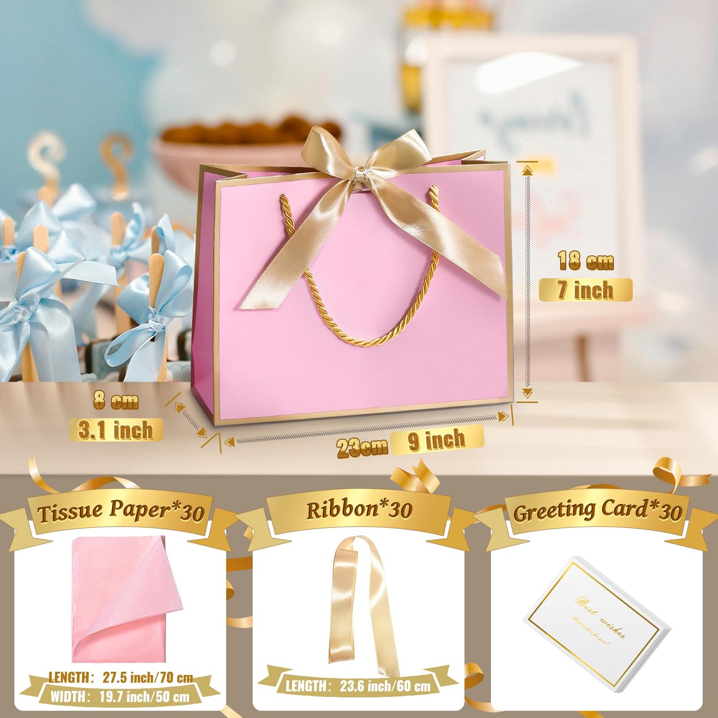 DOYIDE 30 Pcs Thank You Gift Bags with Tissue Paper, 9x7x3.1in Paper Gift Bags with Handles, Gift Wrap Bags with Bow Ribbon for Wedding Birthday Baby Shower Bridesmaid Party