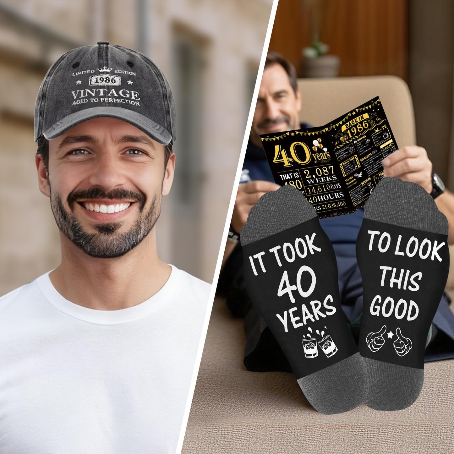 40th Birthday Gifts for Men, Unique Gift Ideas for 40th Birthday Men Who Have Everything, 1986 40 Year Old Birthday Gift Baskets for Man Whiskey Glass Baseball Cap Socks Toilet Paper