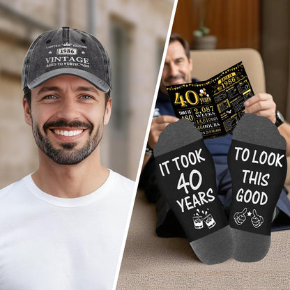 40th Birthday Gifts for Men, Unique Gift Ideas for 40th Birthday Men Who Have Everything, 1986 40 Year Old Birthday Gift Baskets for Man Whiskey Glass Baseball Cap Socks Toilet Paper