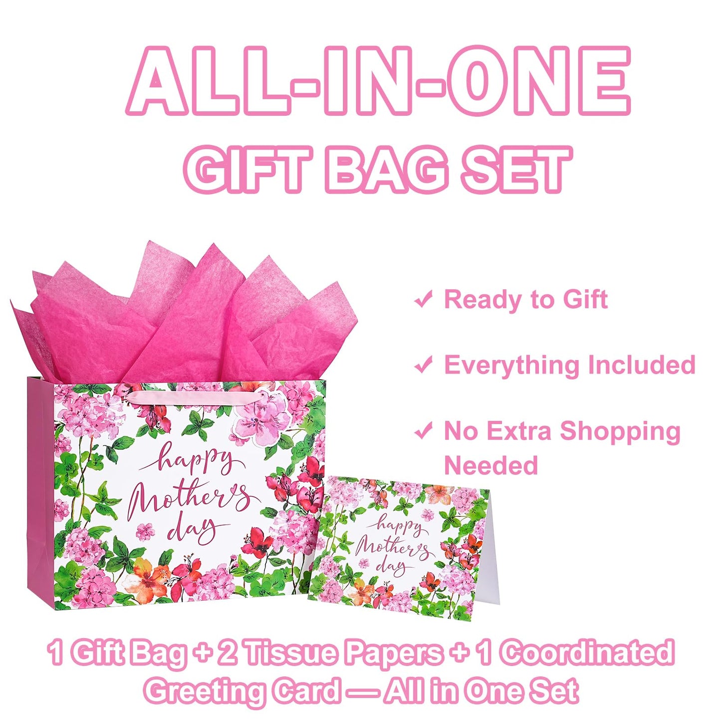LeZakaa 13" Mother's Day Bag, Pink Floral Happy Mother's Day Bag with Greeting Card Tag & Tissue Paper, Elegant Flower Design Gift Bag for Mom Wife Grandma, 13" x 10" x 5", 1 Pc