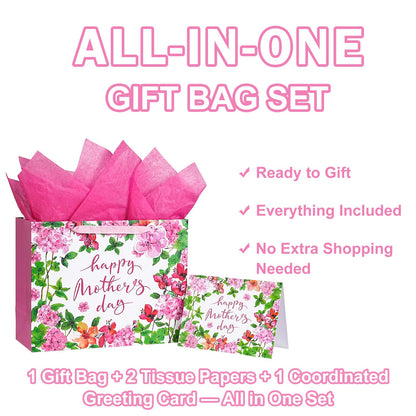 LeZakaa 13" Mother's Day Bag, Pink Floral Happy Mother's Day Bag with Greeting Card Tag & Tissue Paper, Elegant Flower Design Gift Bag for Mom Wife Grandma, 13" x 10" x 5", 1 Pc